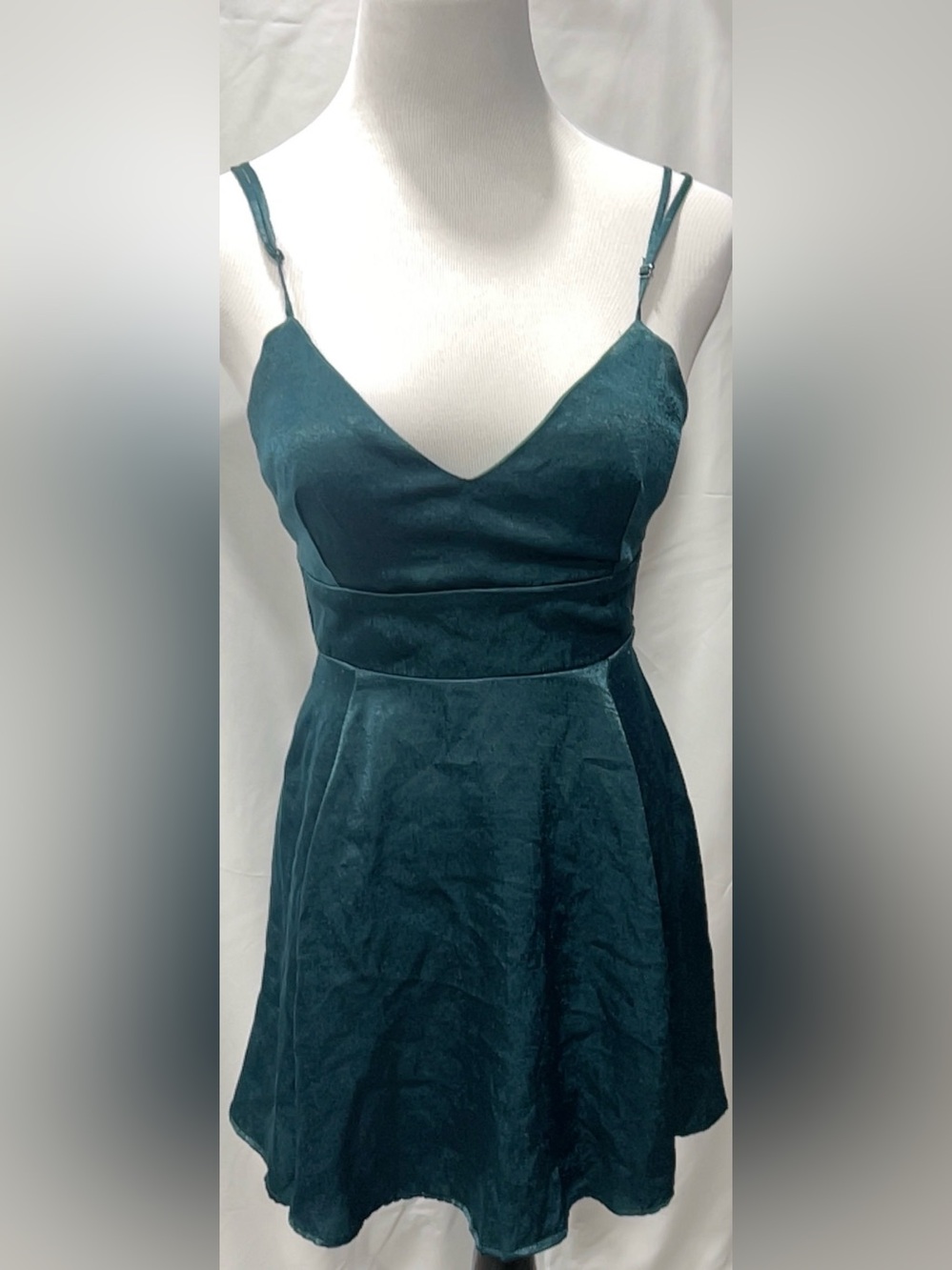 Lucy in the Sky Dark Green Satin Open Back Tie Mini Dress Small S